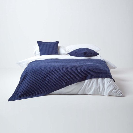 Homescapes Navy Blue Cotton Cable Knit Blanket 130 x 170 cm