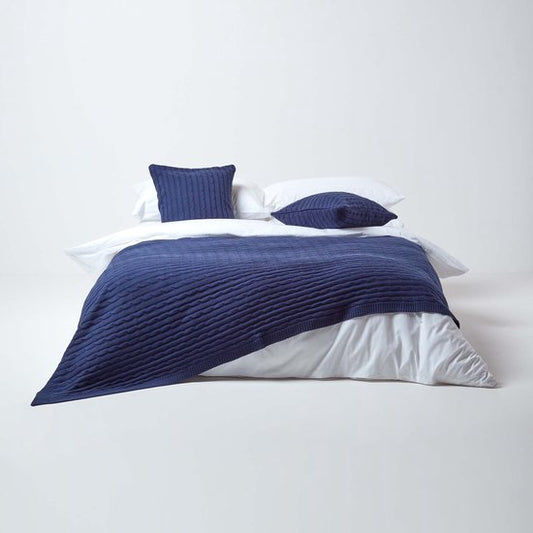 Homescapes Navy Blue Cotton Cable Knit Blanket 130 x 170 cm