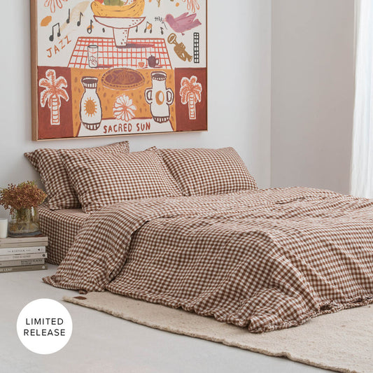 Linen duvet cover red and white Checkered - boho cozy style with 4 pillow cases
